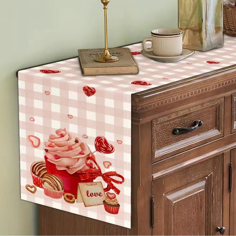 New Valentines Day Pink Plaid Cupcake Candy Hearts Table Runner 13x72 Mantel - Picture 2 of 6